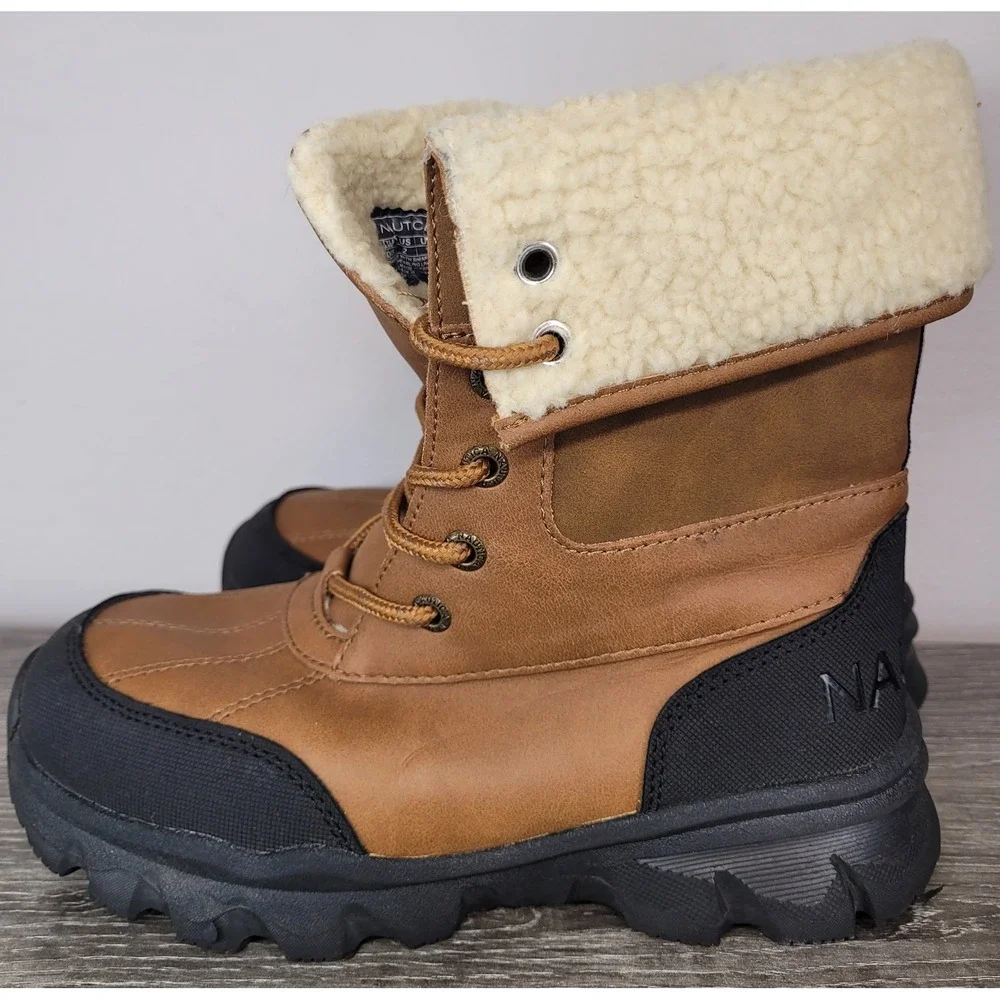 Nautica Indus Winter Snow Boots Brown Tan Faux Shearling Lined Duck Kids Sz  2